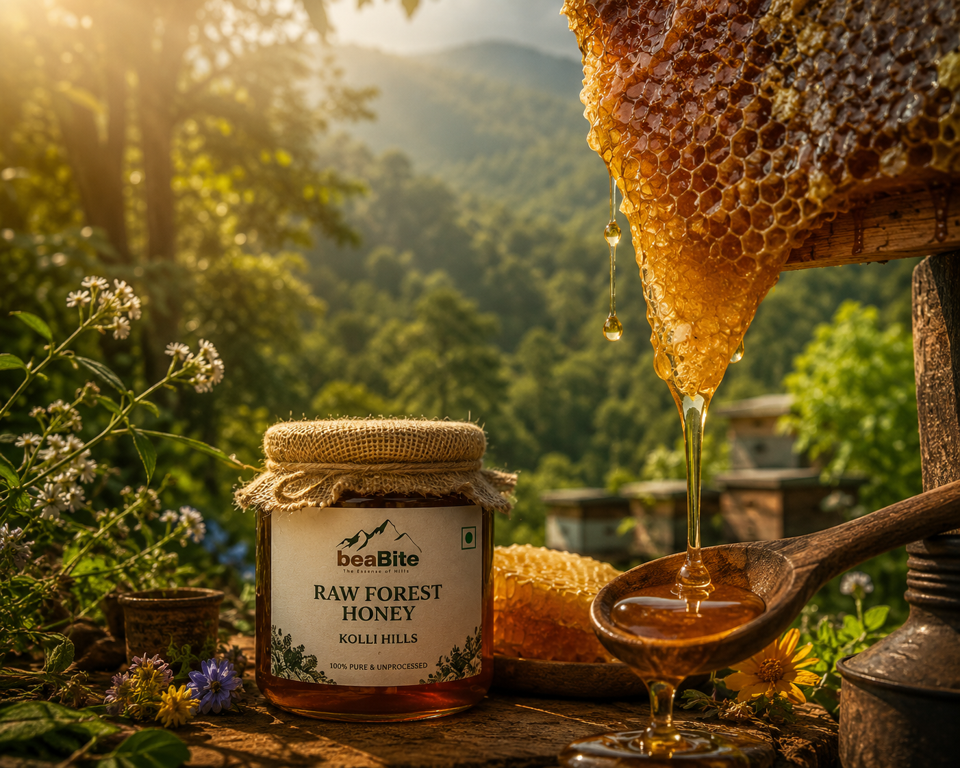 Raw wild honey in golden morning light